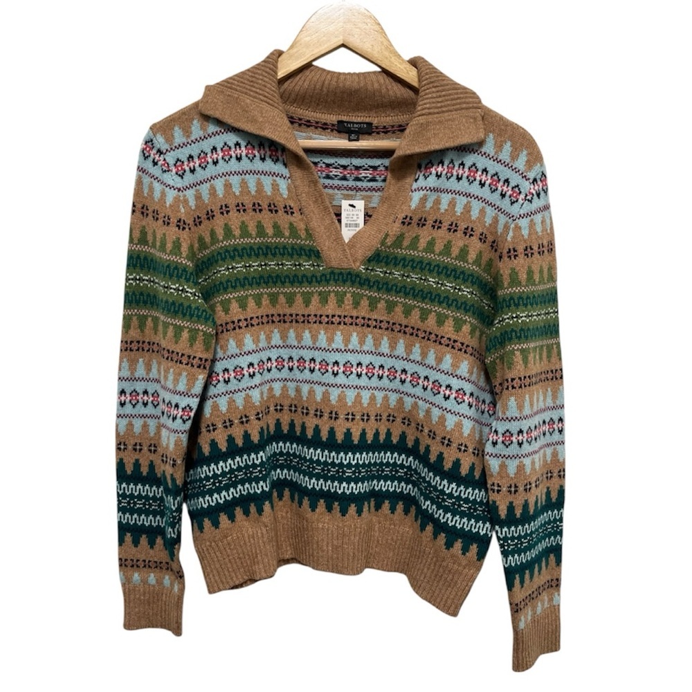 Talbots Johnny Collar Sweater in the Autumn Fair Isle pattern Size Medium Petite
